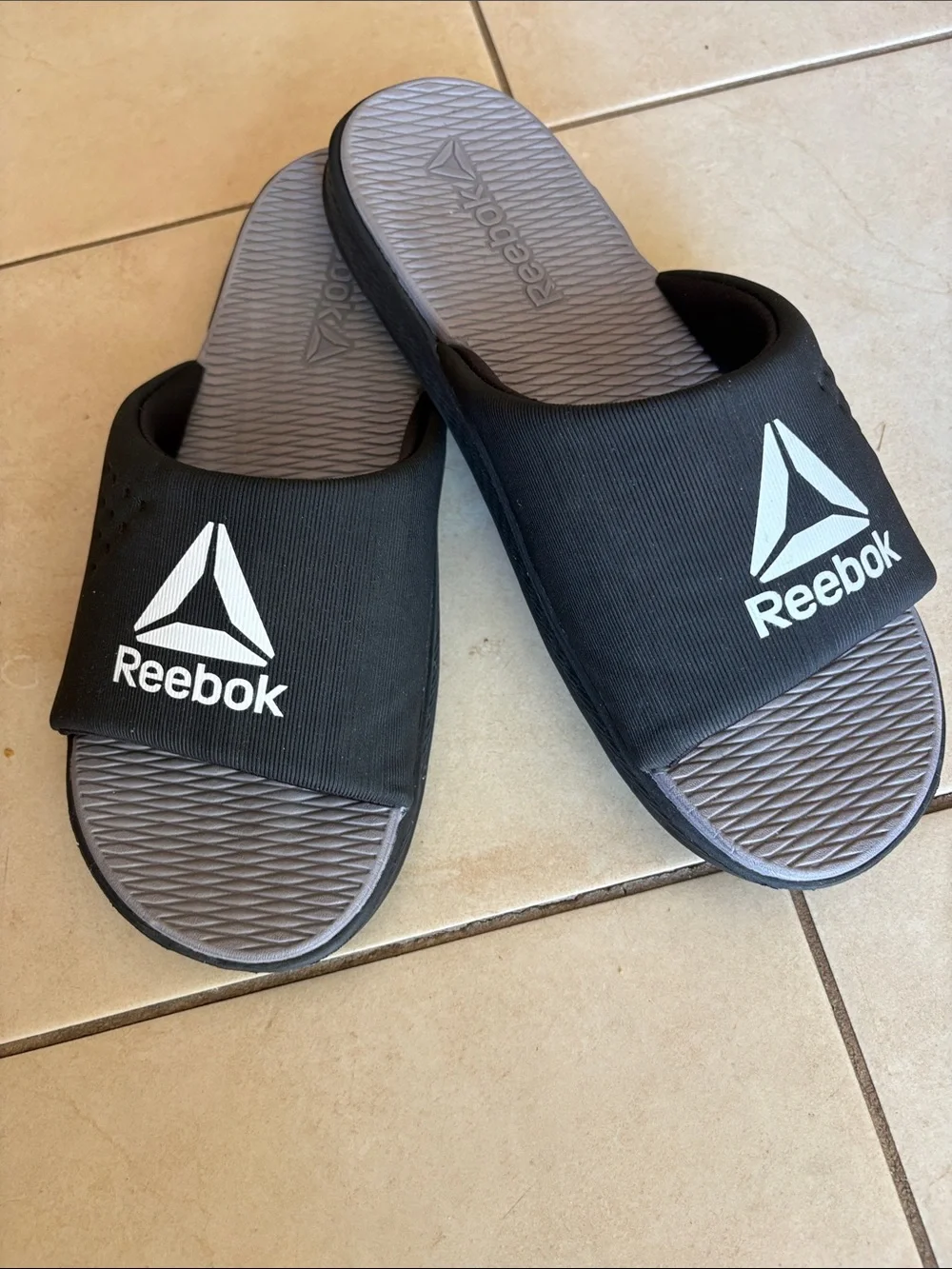 Men’s Reebok Black Slide Sandals with Gray Footbed
